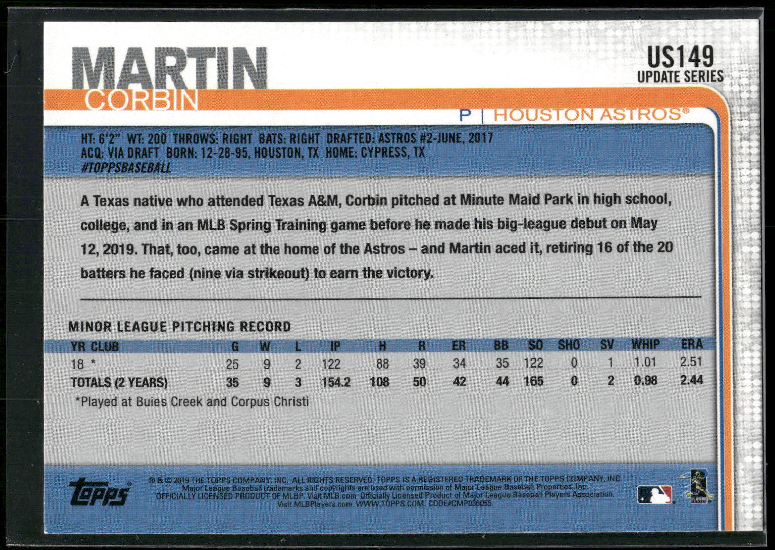 2019 Topps Update #US149b Corbin Martin