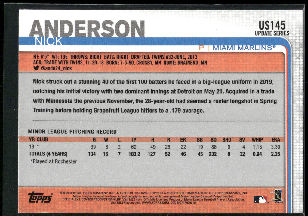 2019 Topps Update #US145 Nick Anderson