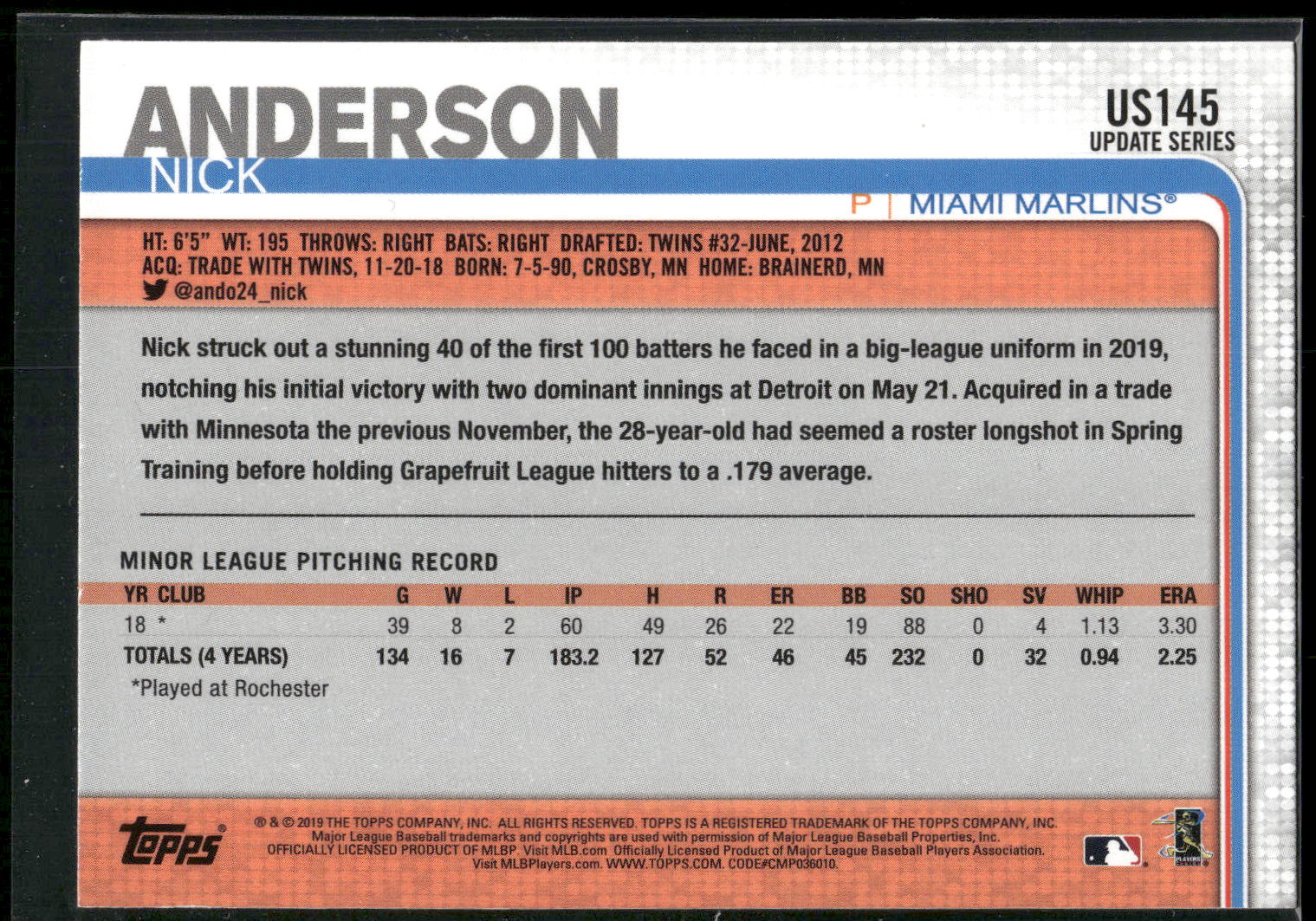 2019 Topps Update #US145 Nick Anderson