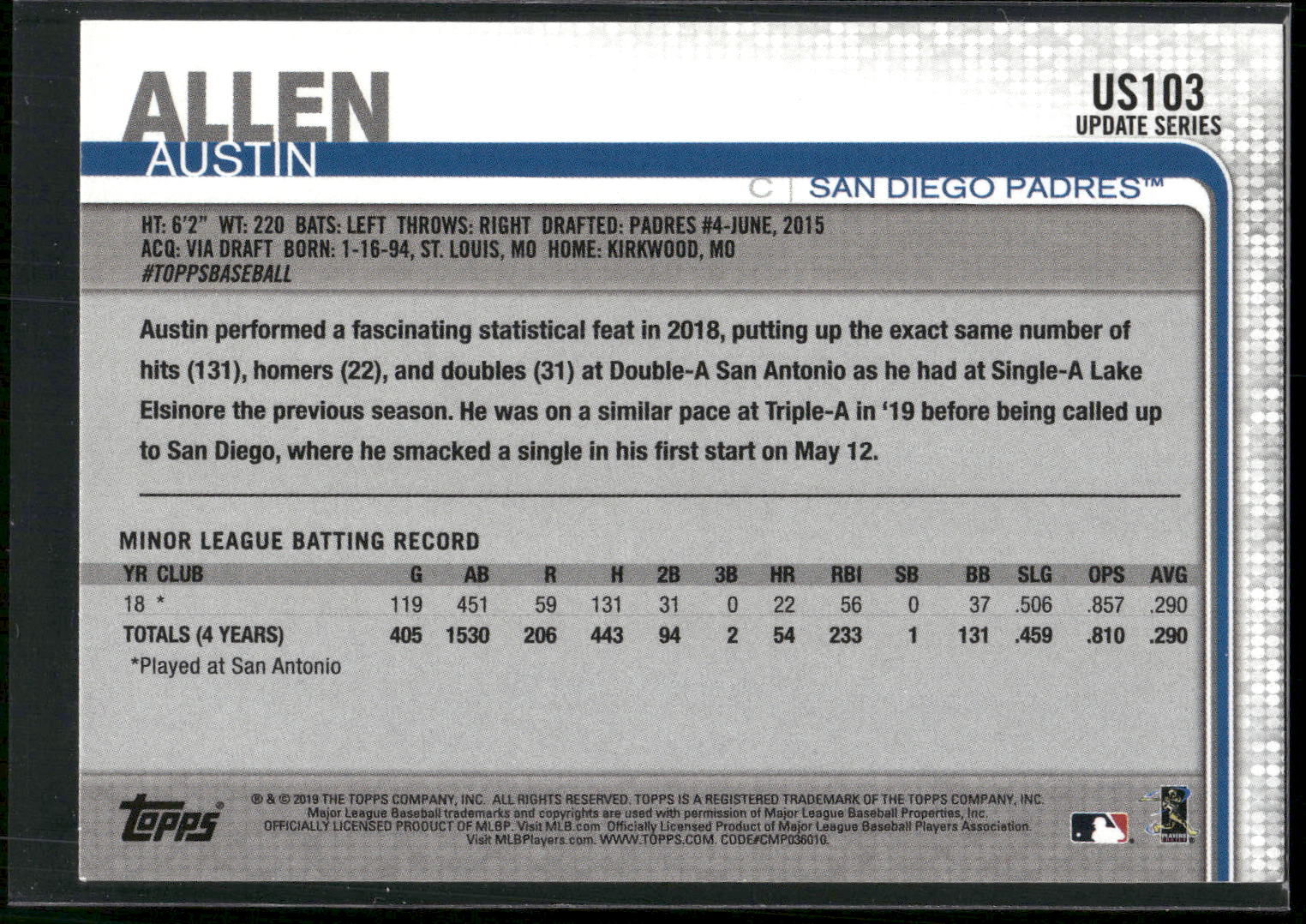 2019 Topps Update #US103 Austin Allen