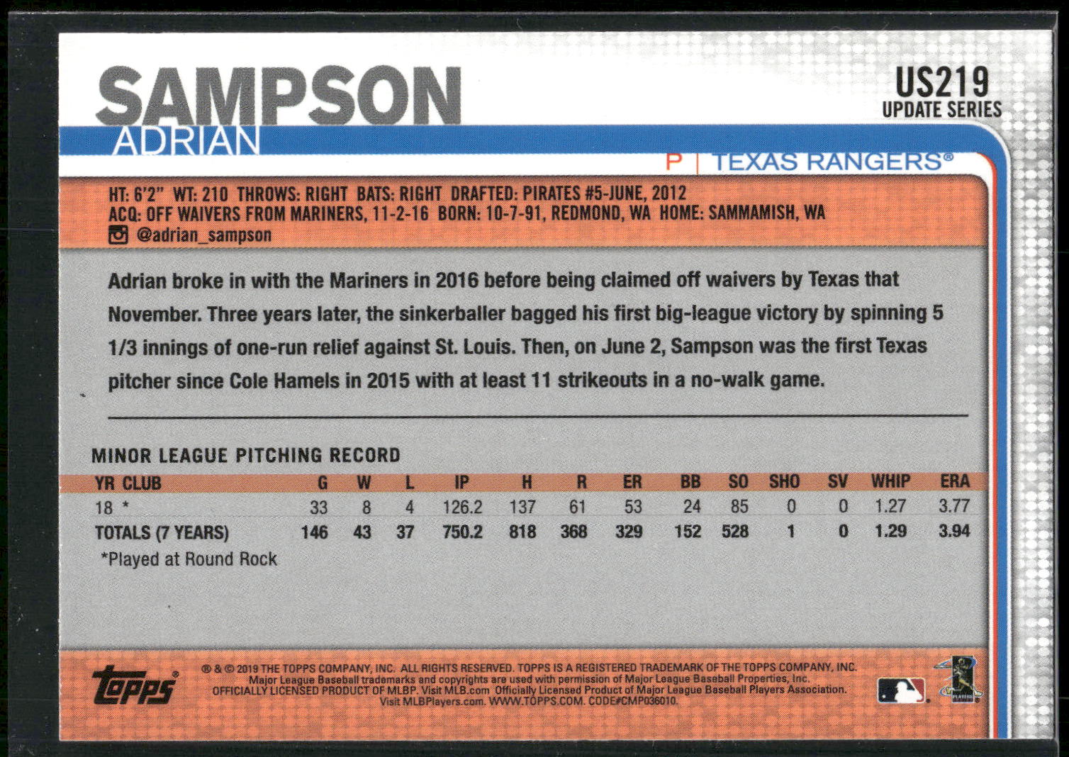 2019 Topps Update #US219 Adrian Sampson