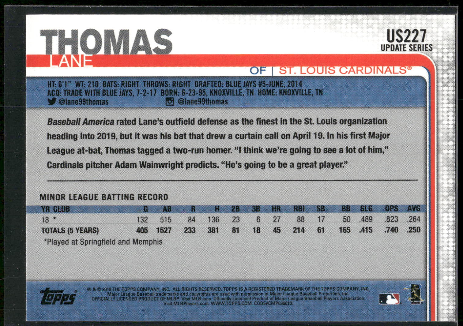 2019 Topps Update #US227 Lane Thomas