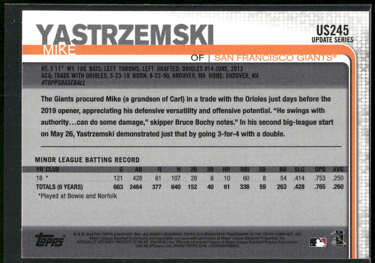2019 Topps Update #US245 Mike Yastrzemski