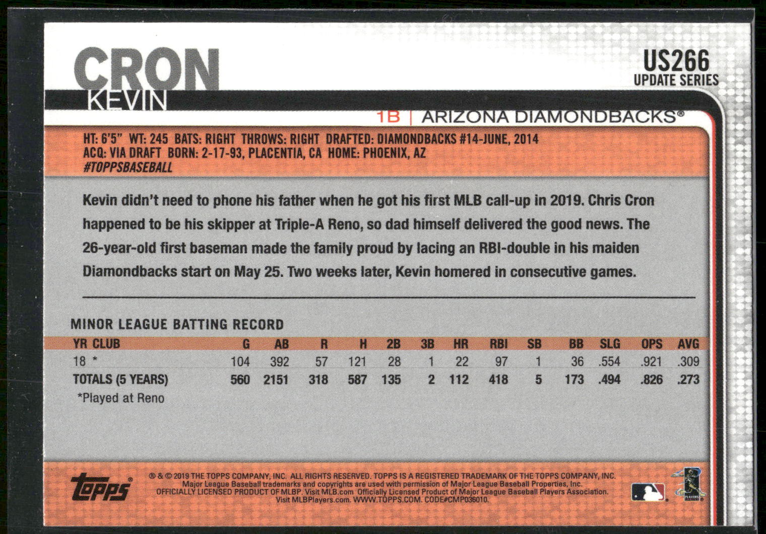 2019 Topps Update #US266 Kevin Cron
