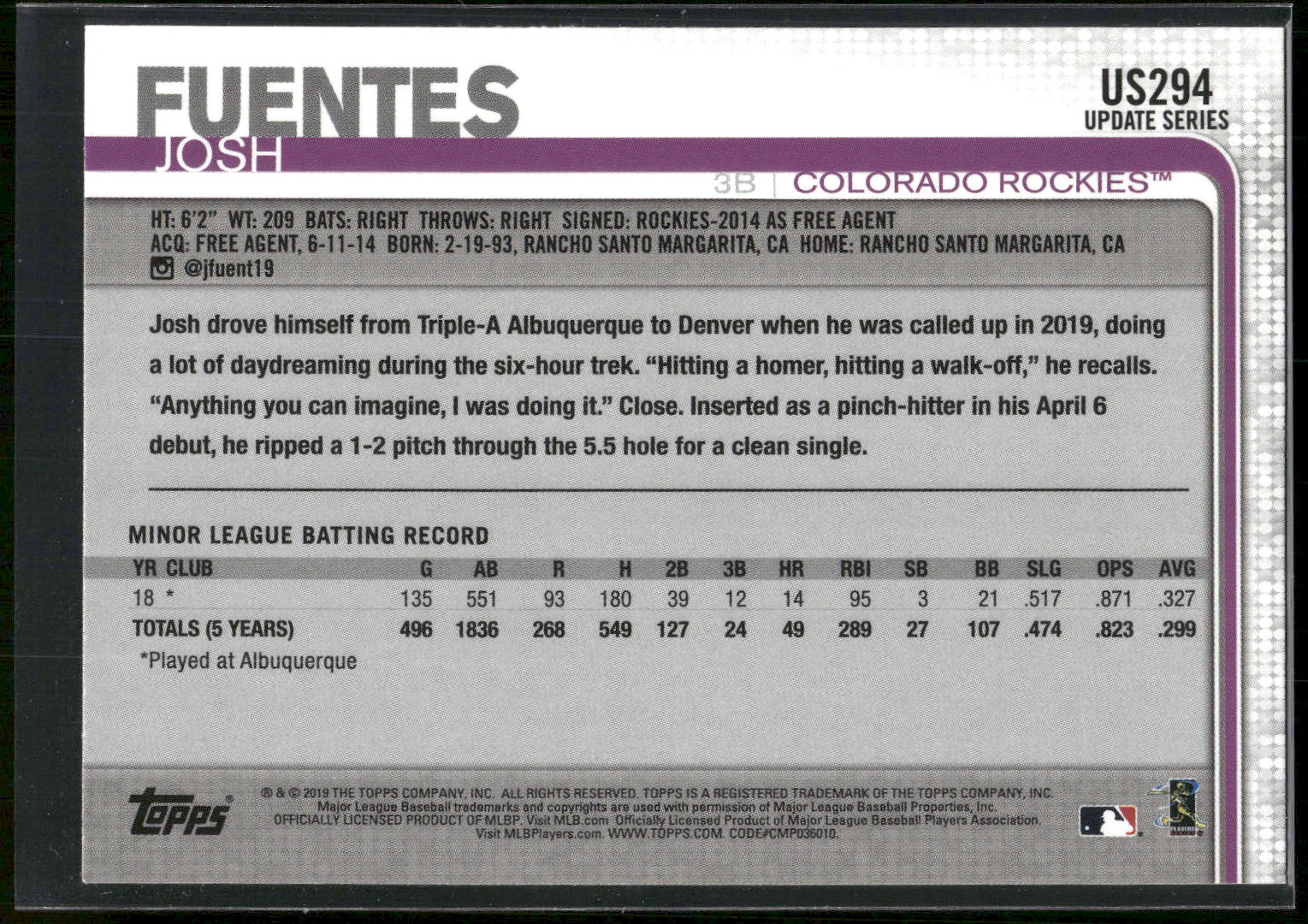 2019 Topps Update #US294 Josh Fuentes