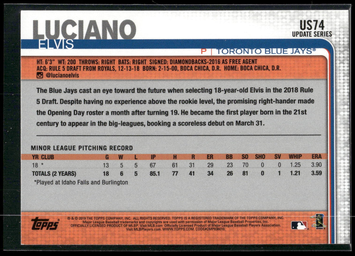 2019 Topps Update #US74 Elvis Luciano