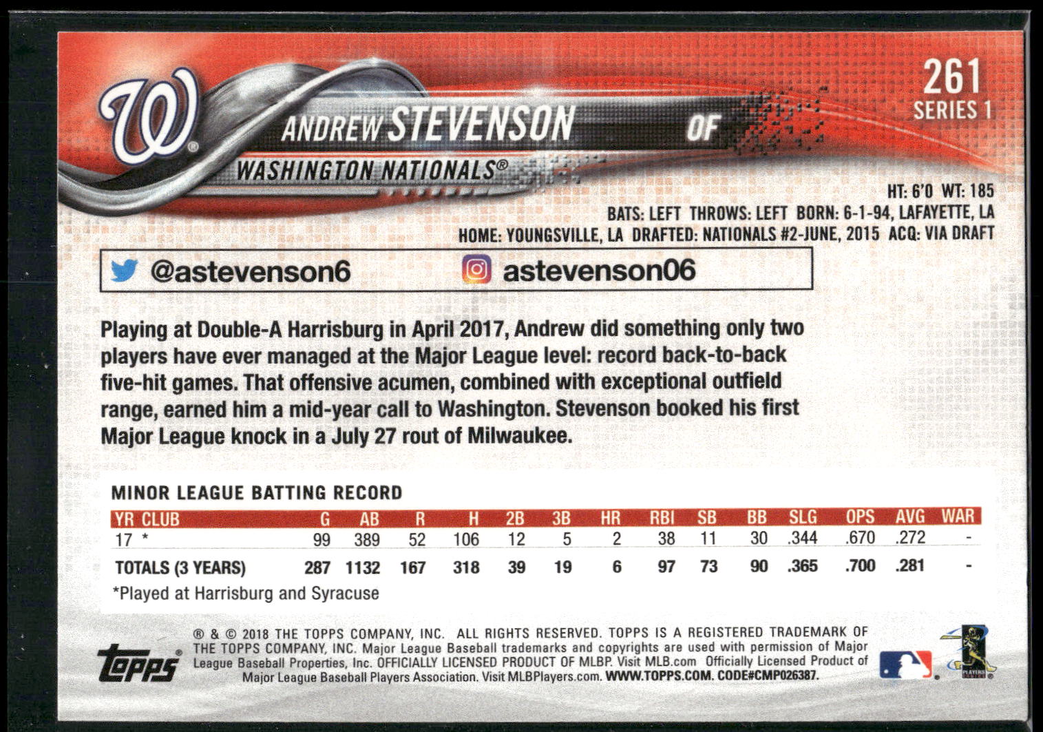 2018 Topps #261 Andrew Stevenson