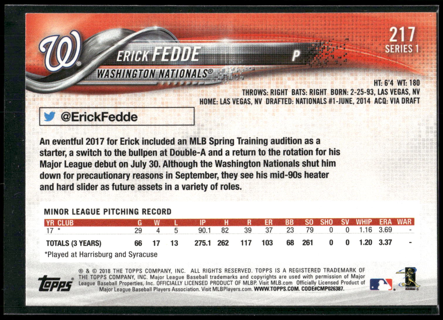 2018 Topps #217 Erick Fedde