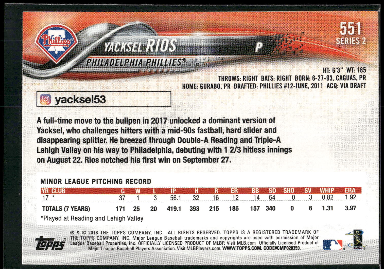 2018 Topps #551 Yacksel Rios