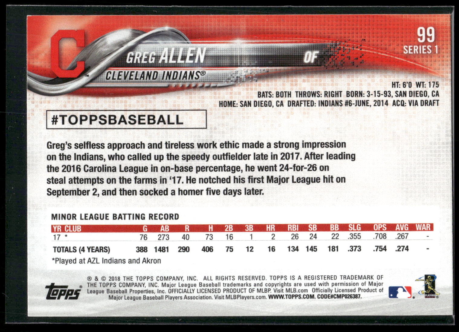 2018 Topps #99 Greg Allen