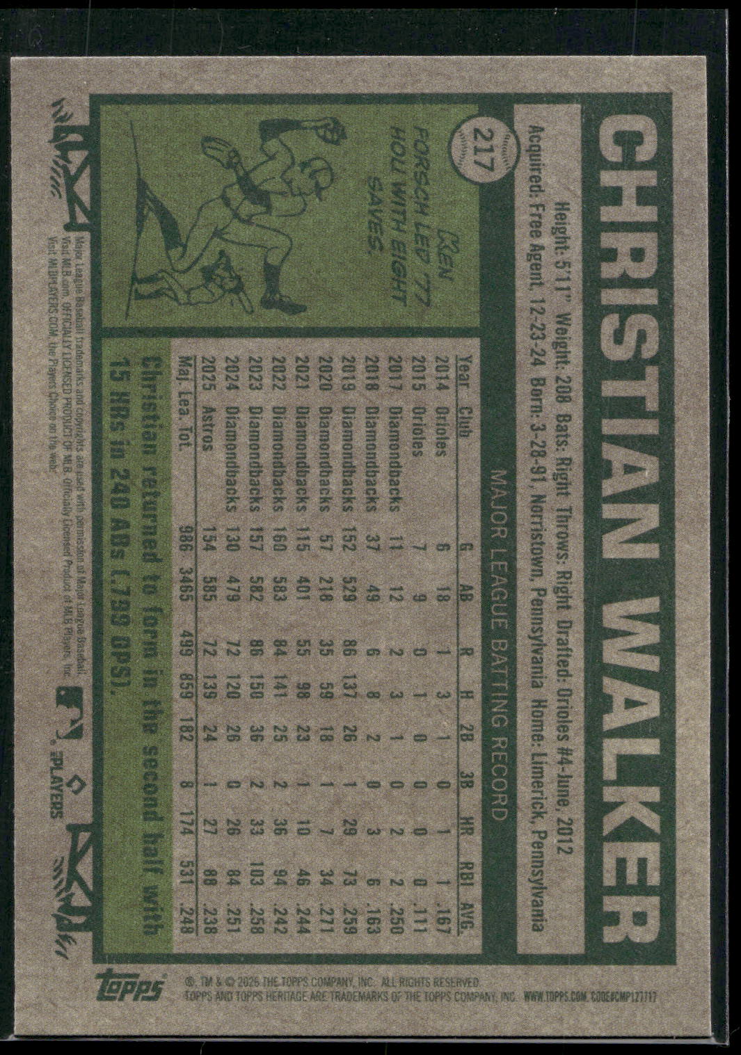 2026 Topps Heritage #217 Christian Walker