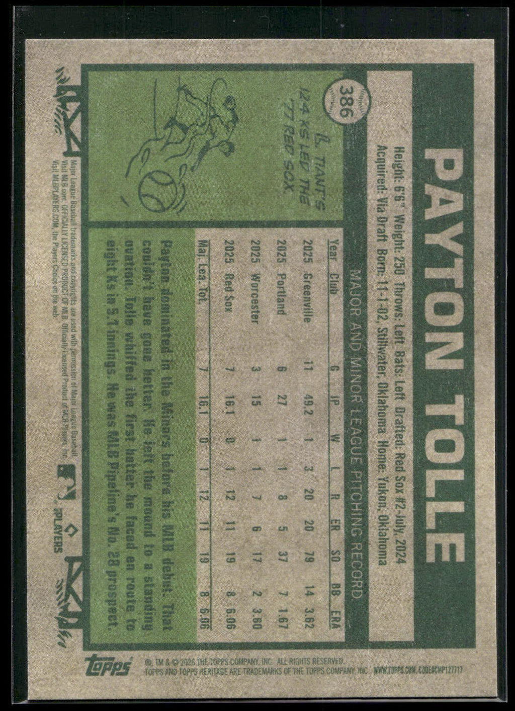2026 Topps Heritage #386 Payton Tolle