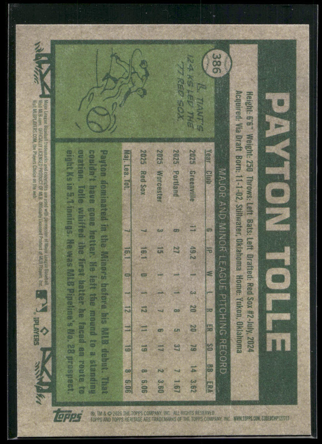 2026 Topps Heritage #386 Payton Tolle