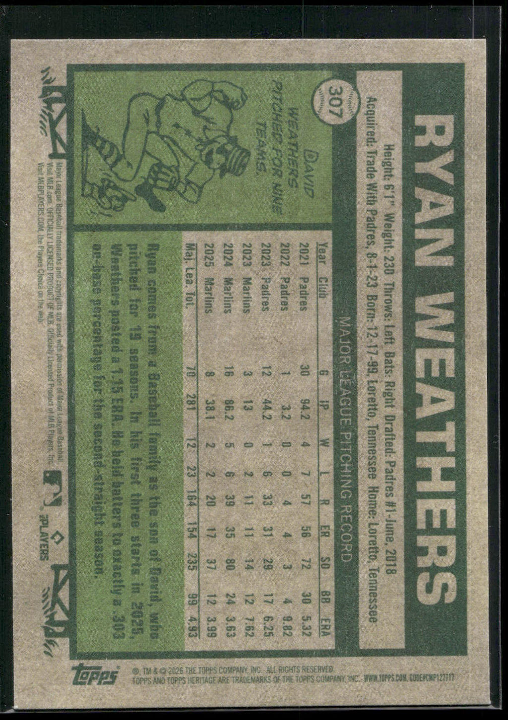 2026 Topps Heritage #307 Ryan Weathers