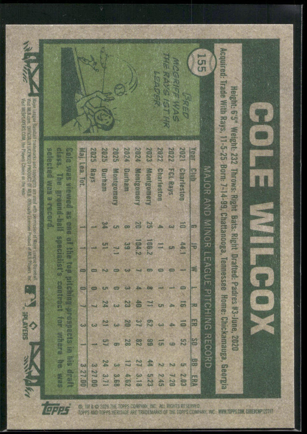 2026 Topps Heritage #155 Cole Wilcox
