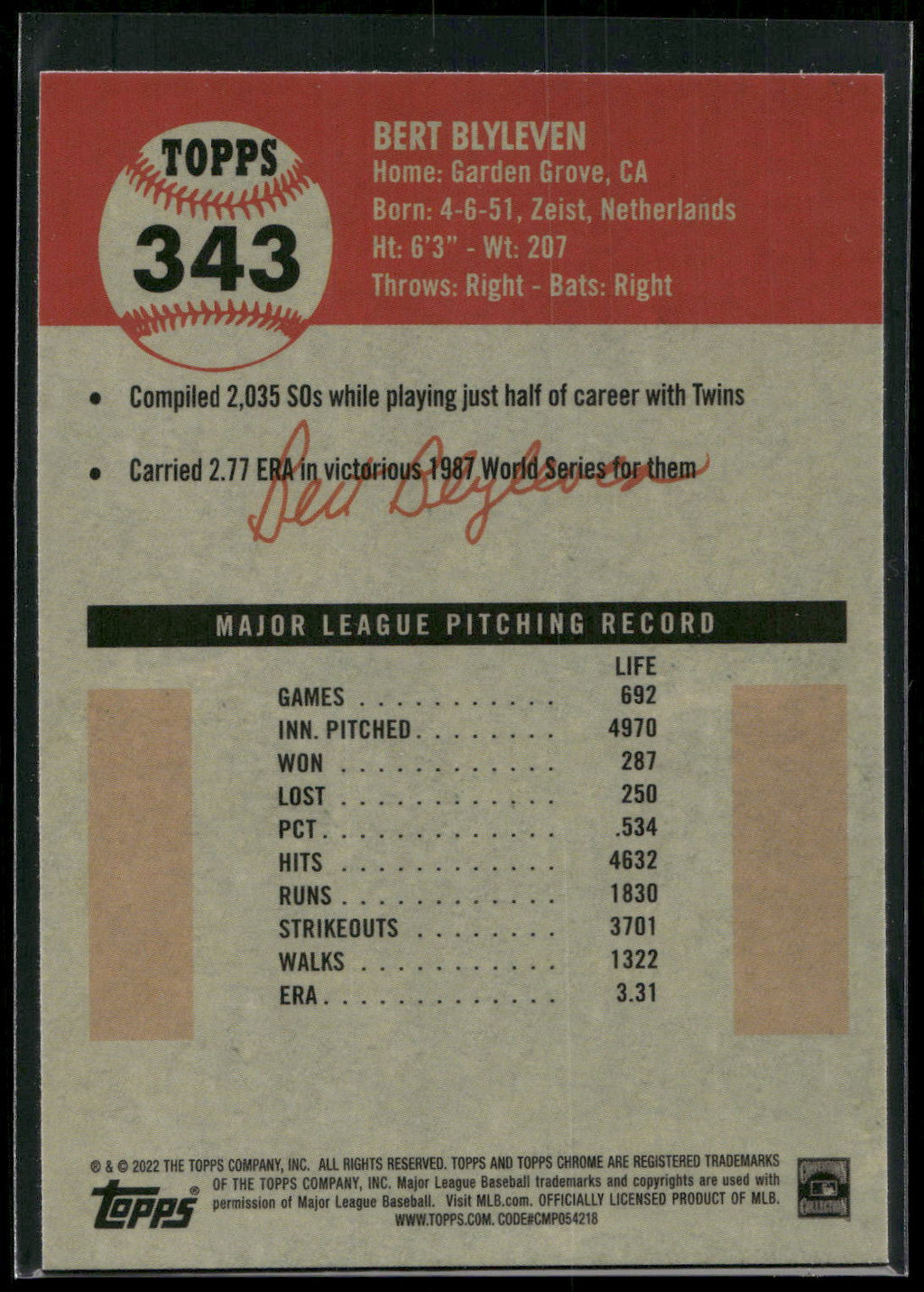 2022 Topps Chrome Platinum Anniversary #343 Bert Blyleven