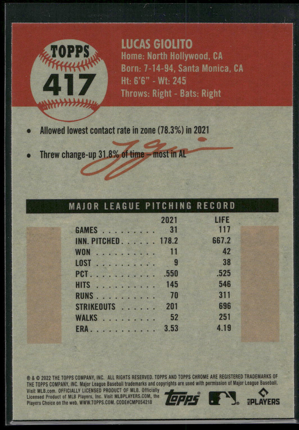 2022 Topps Chrome Platinum Anniversary #417 Lucas Giolito