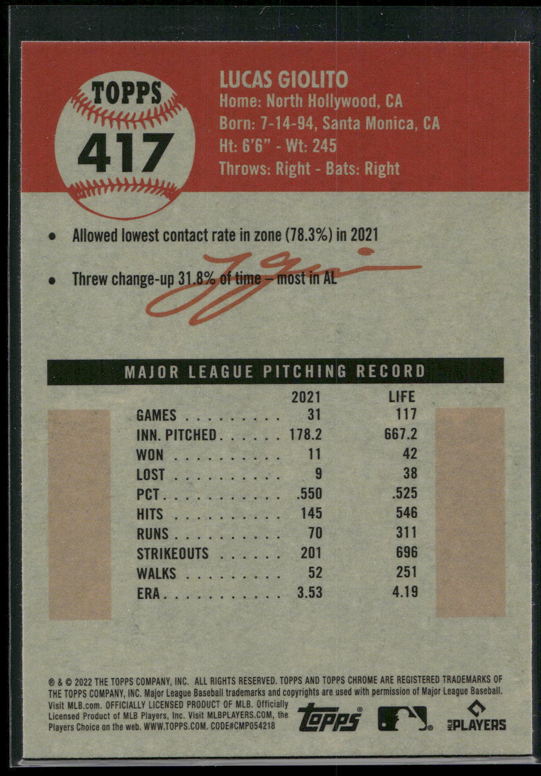 2022 Topps Chrome Platinum Anniversary #417 Lucas Giolito