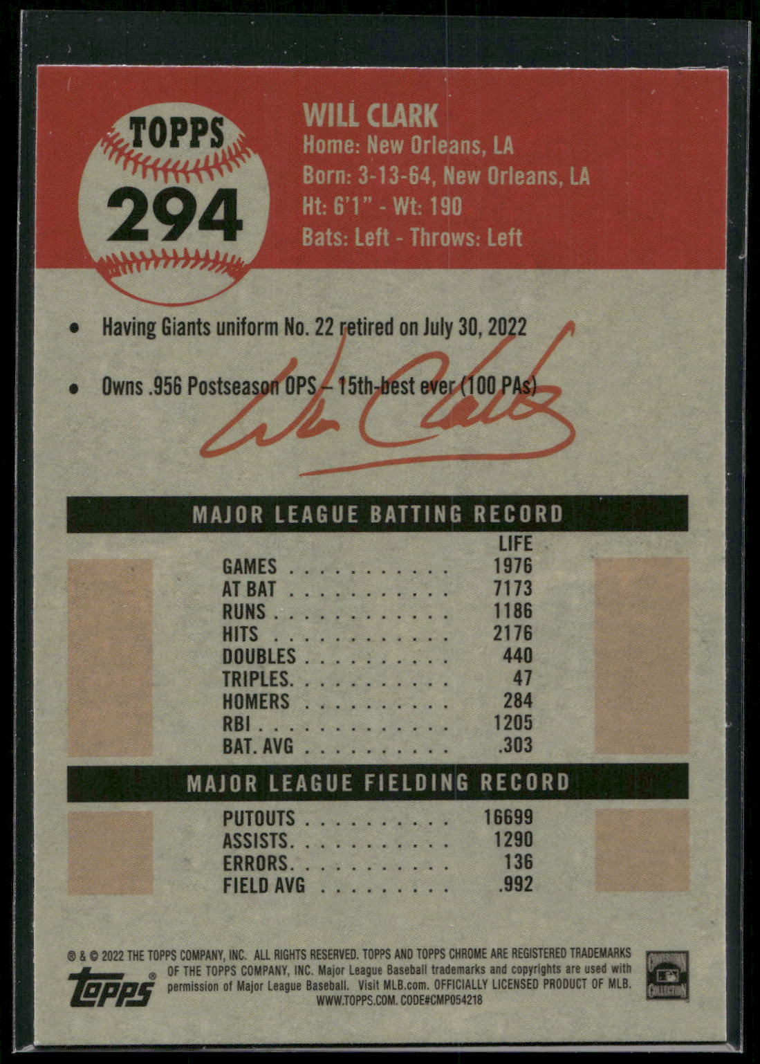 2022 Topps Chrome Platinum Anniversary #294 Will Clark