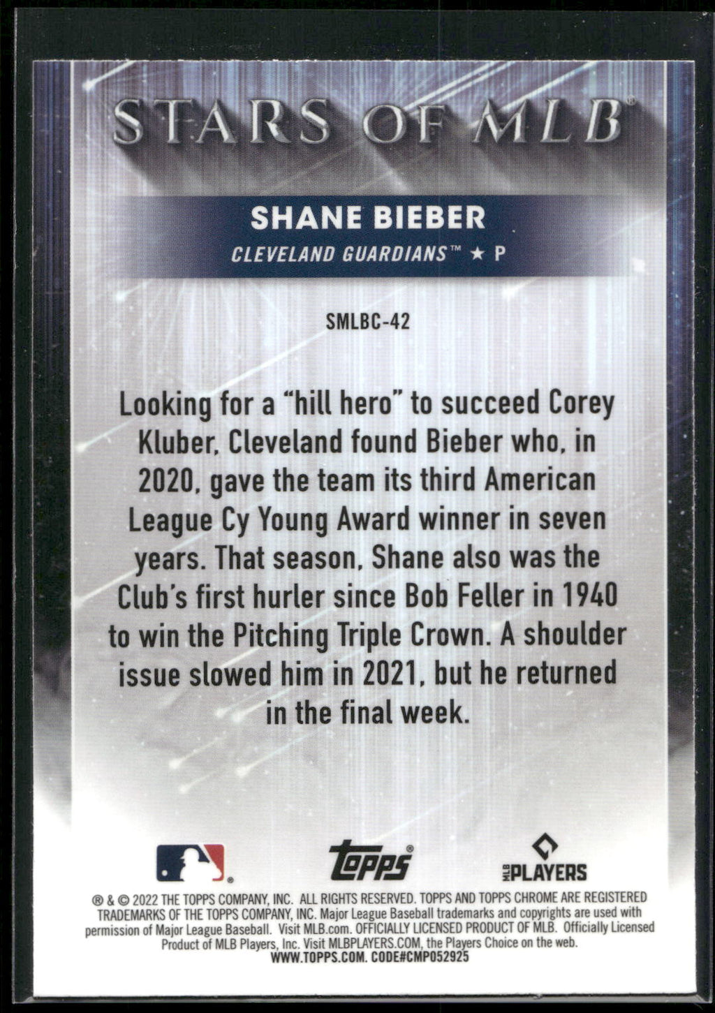 2022 Topps #SMLBC-42 Shane Bieber Stars of MLB Chrome
