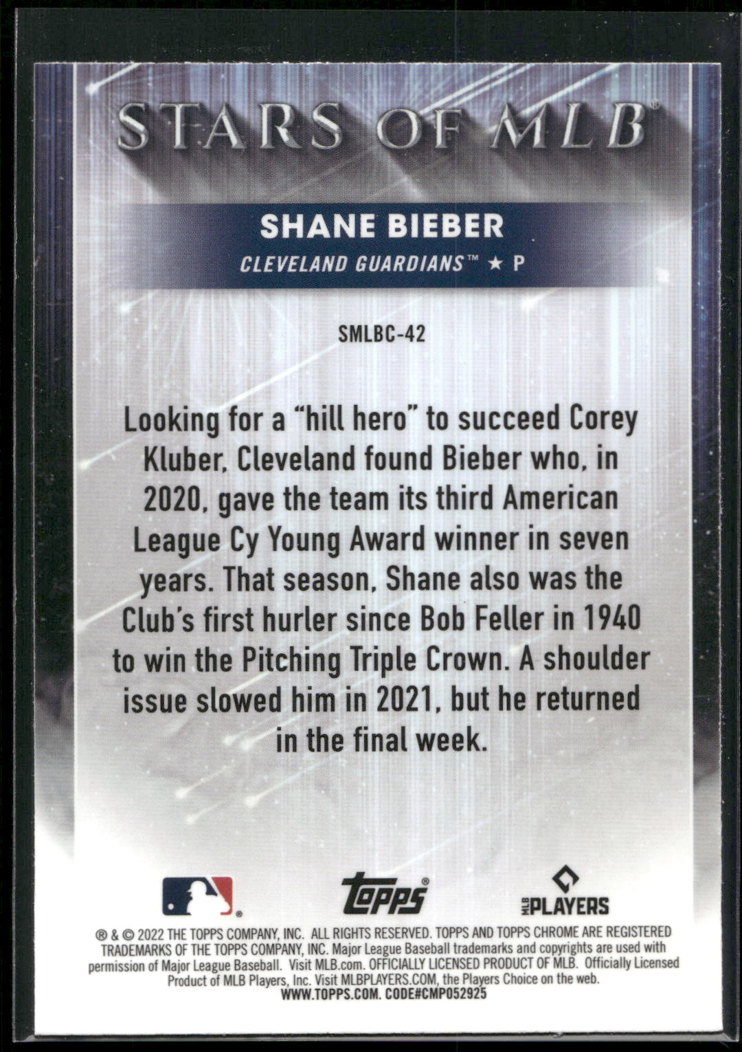 2022 Topps #SMLBC-42 Shane Bieber Stars of MLB Chrome