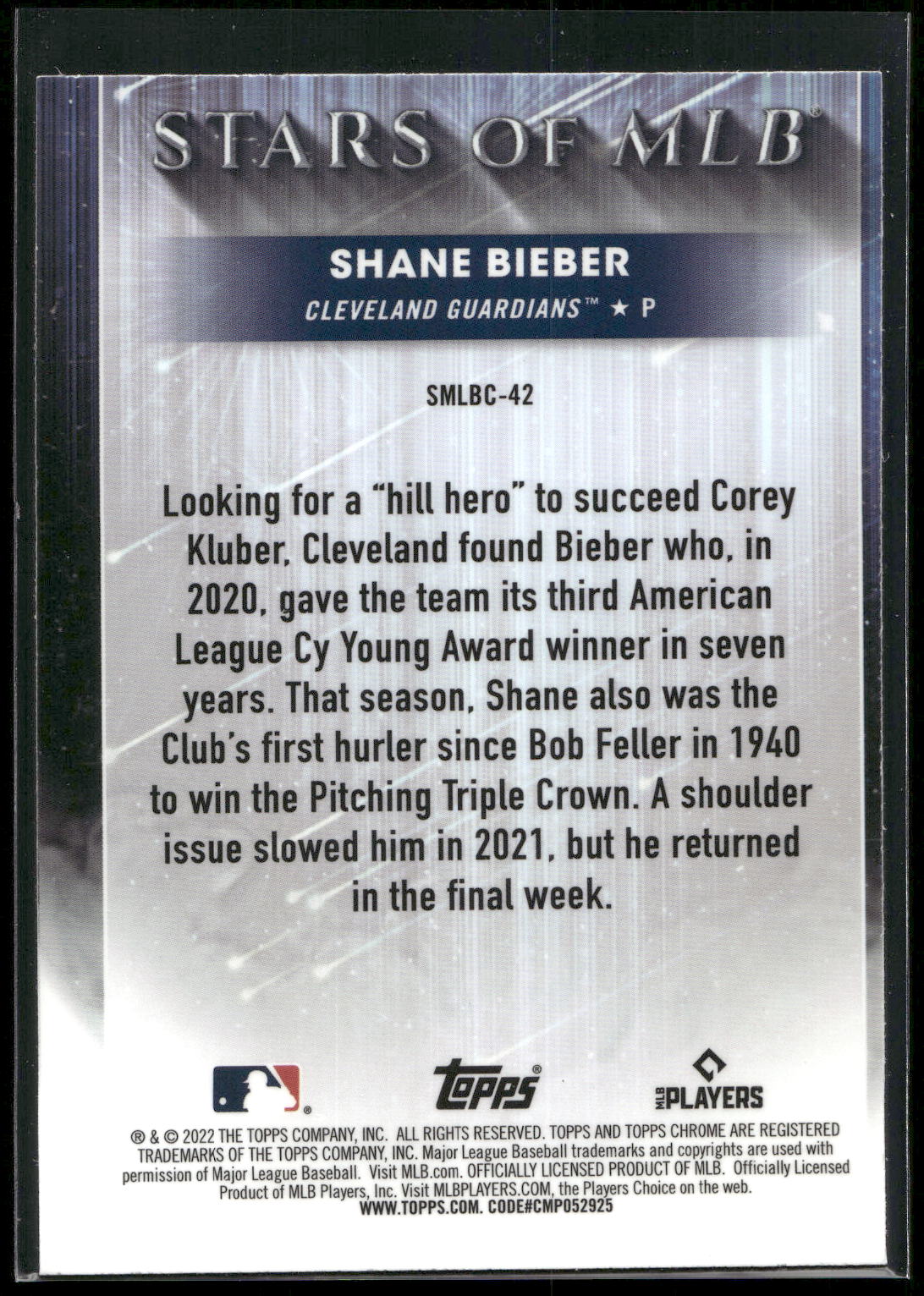 2022 Topps #SMLBC-42 Shane Bieber Stars of MLB Chrome