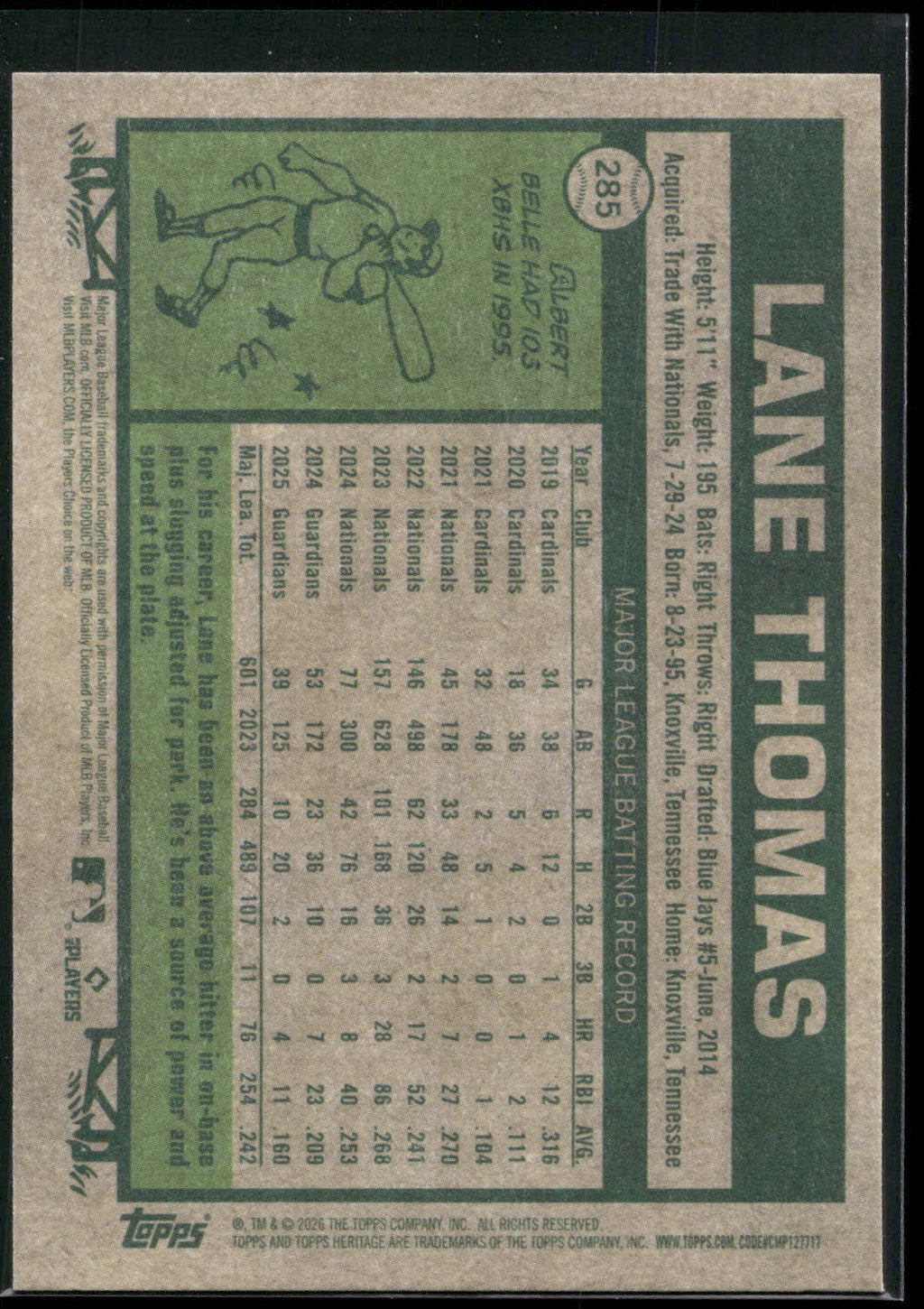 2026 Topps Heritage #285 Lane Thomas