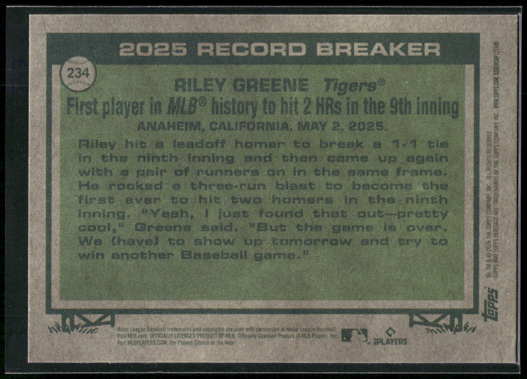 2026 Topps Heritage #234 Riley Greene