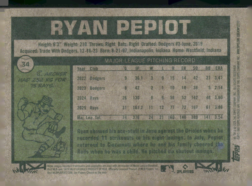 2026 Topps Heritage #34 Ryan Pepiot