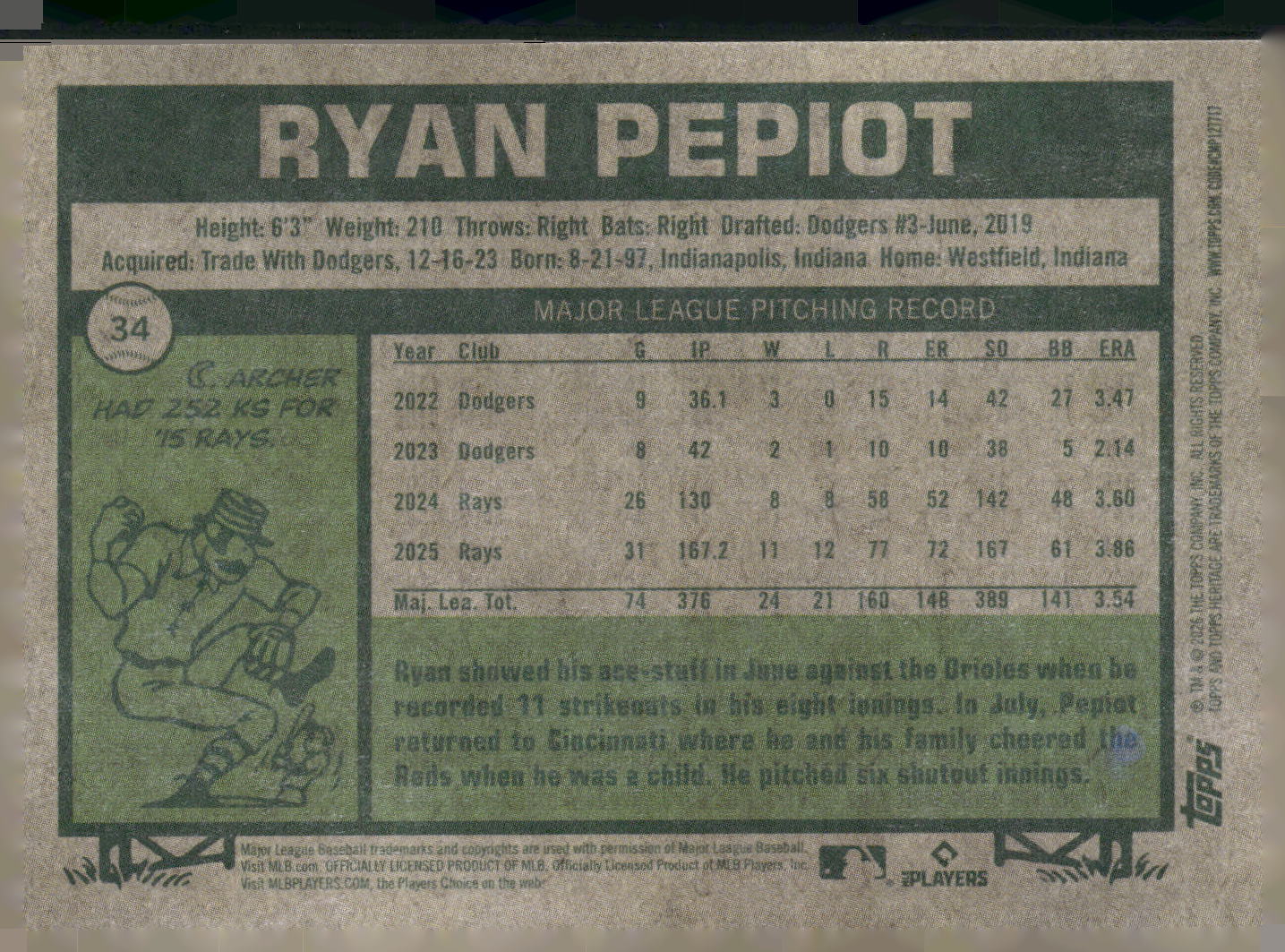 2026 Topps Heritage #34 Ryan Pepiot