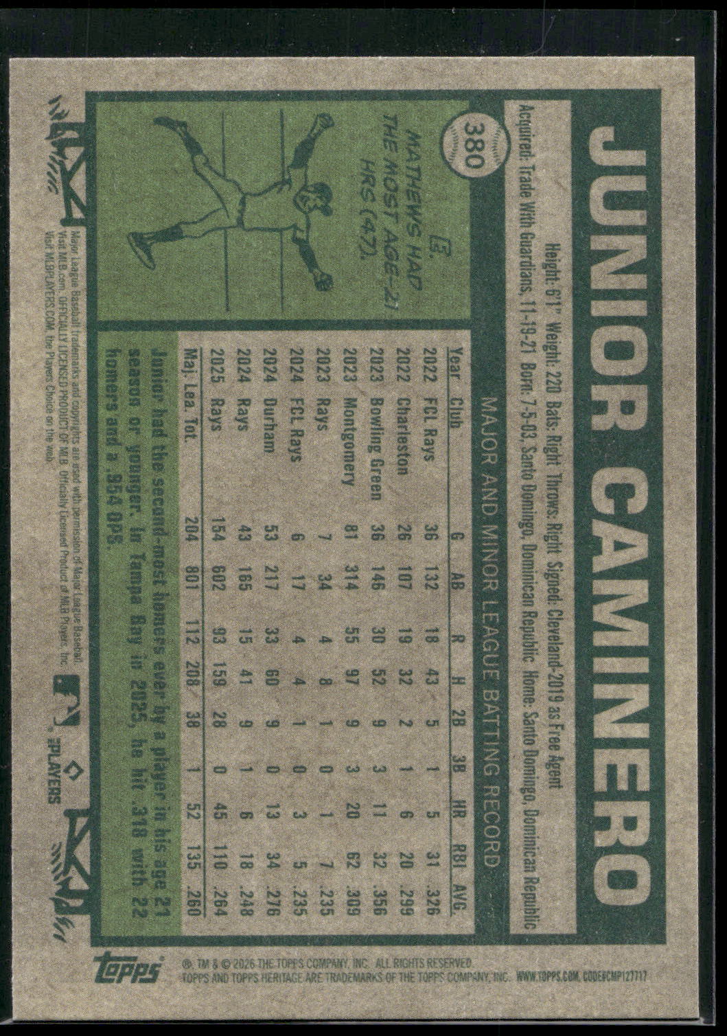 2026 Topps Heritage #380 Junior Caminero