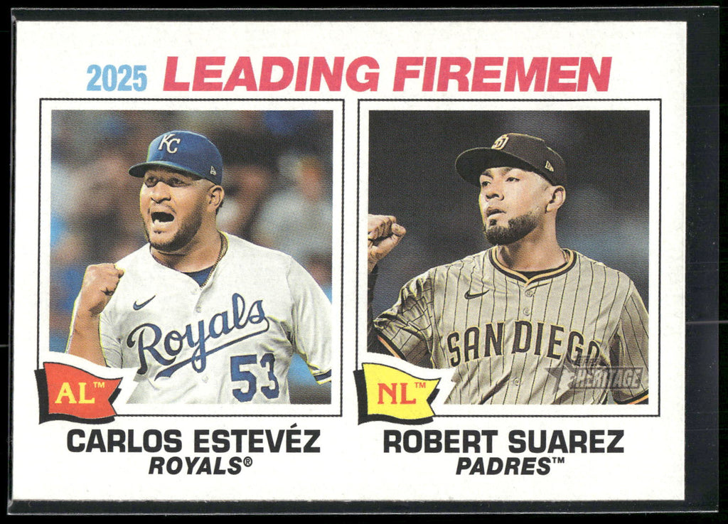 2026 Topps Heritage #8 2025 Leading Firemen (Carlos Estevez / Robert Suarez)
