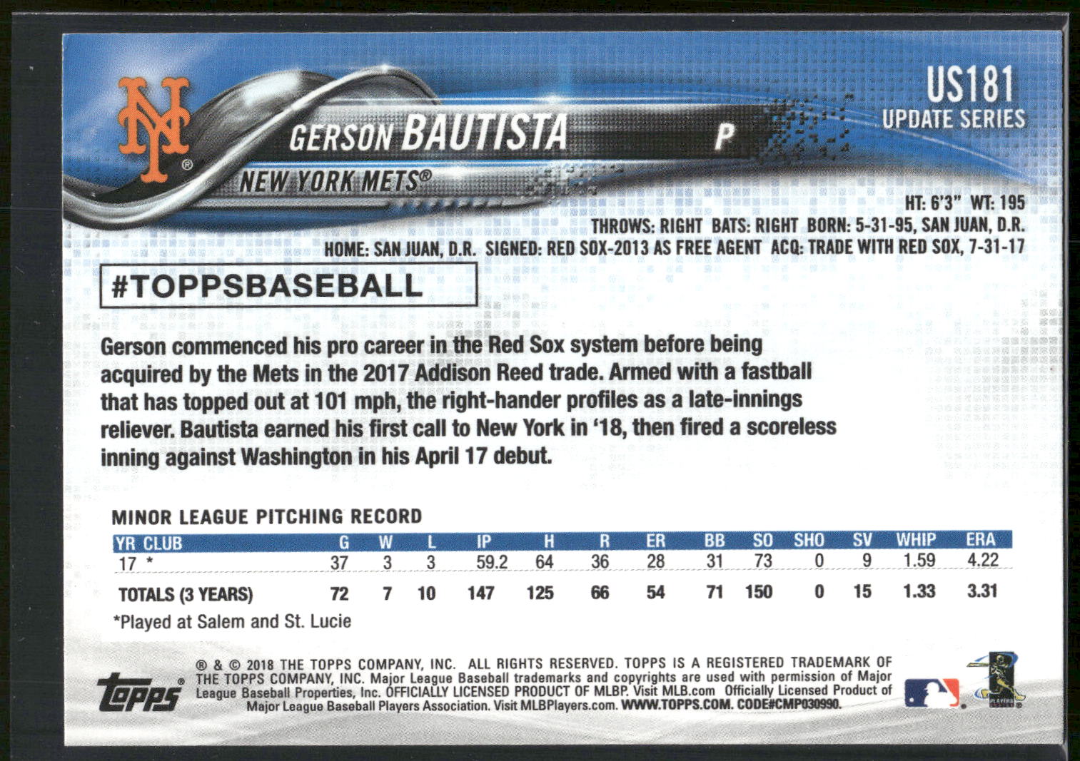 2018 Topps Update #US181 Gerson Bautista