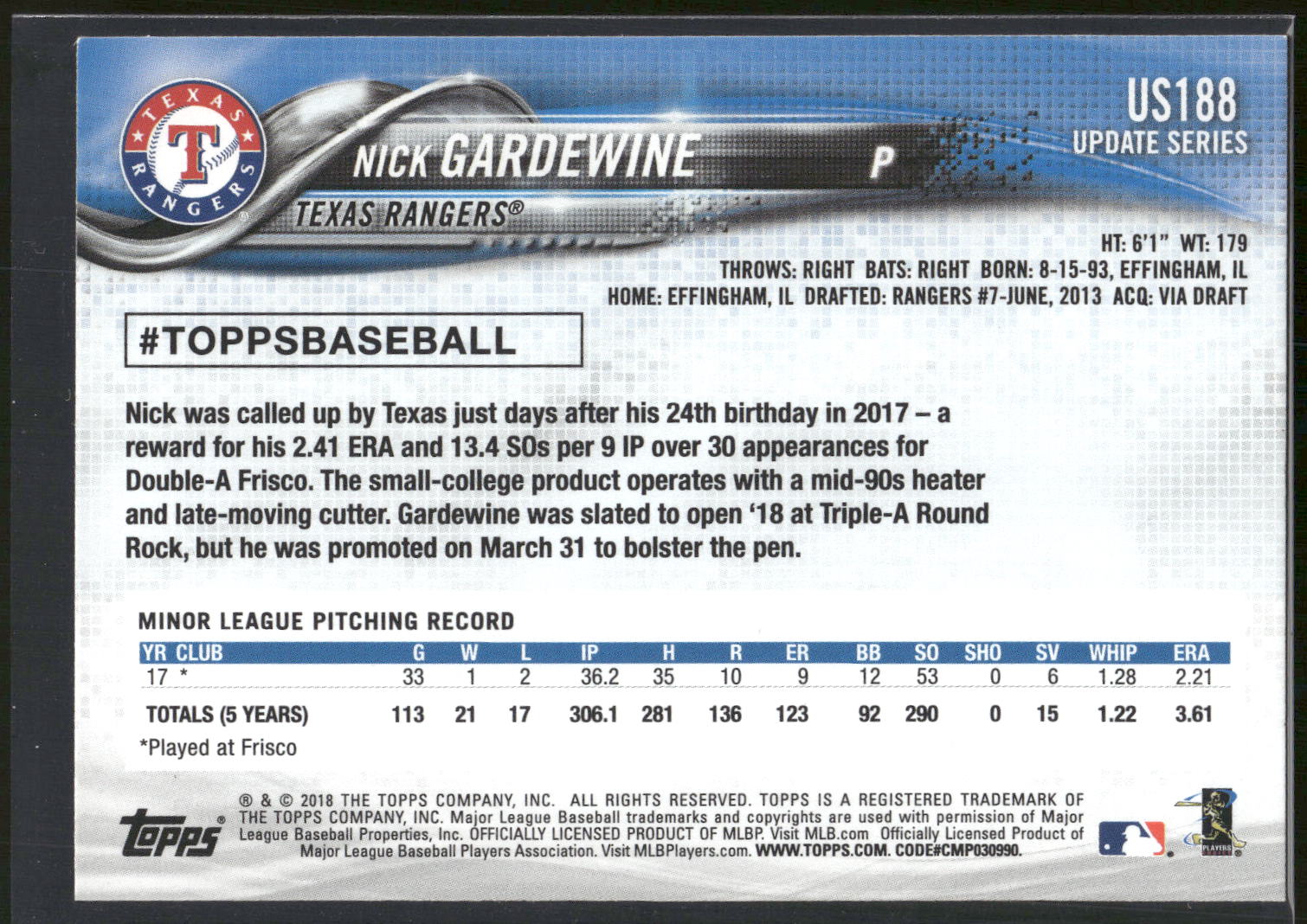 2018 Topps Update #US188 Nick Gardewine
