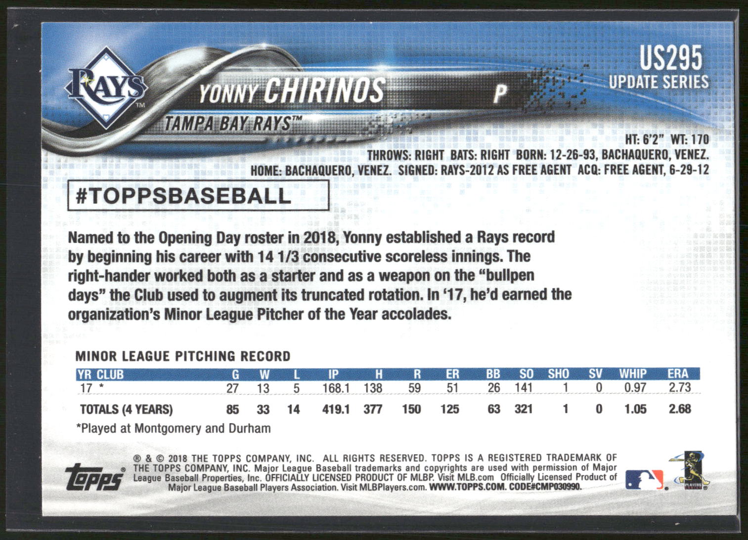 2018 Topps Update #US295 Yonny Chirinos