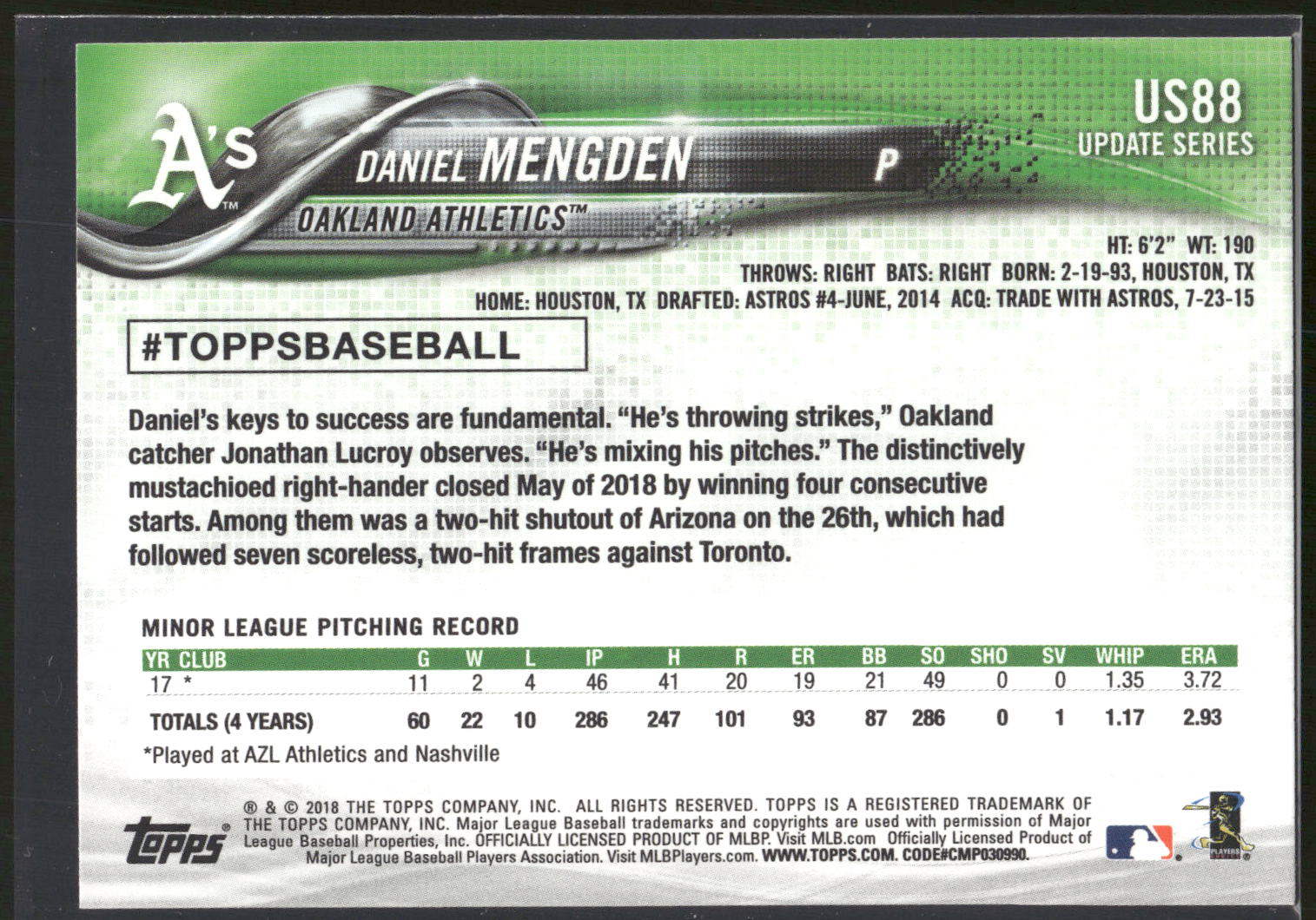 2018 Topps Update #US88 Daniel Mengden