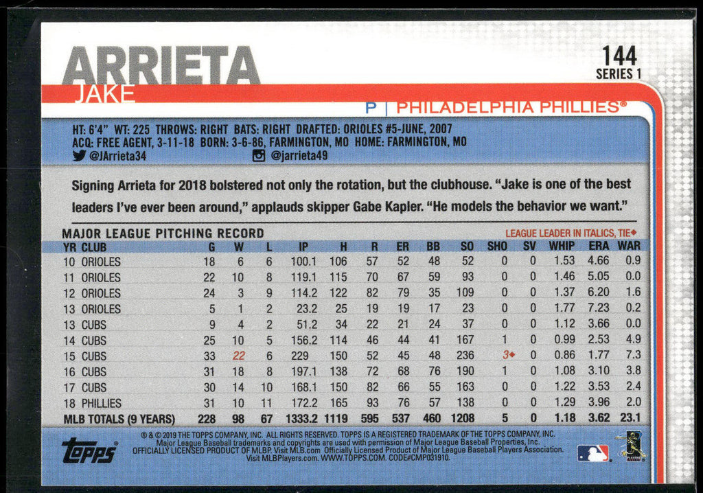 2019 Topps #144 Jake Arrieta
