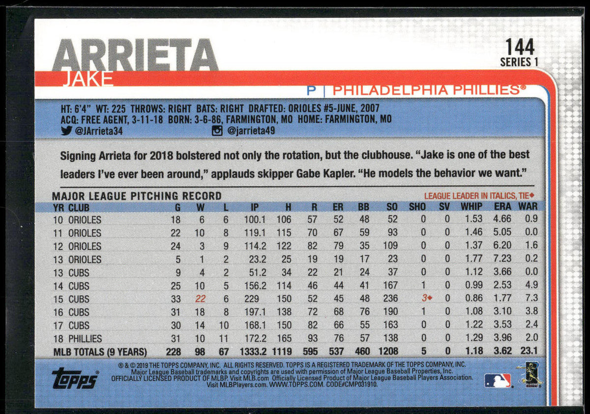 2019 Topps #144 Jake Arrieta