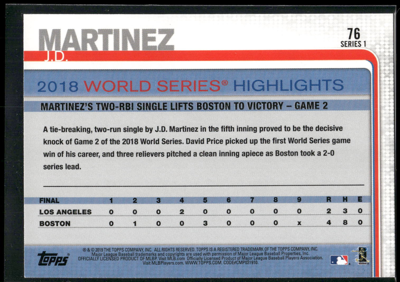 2019 Topps #76 J.D. Martinez