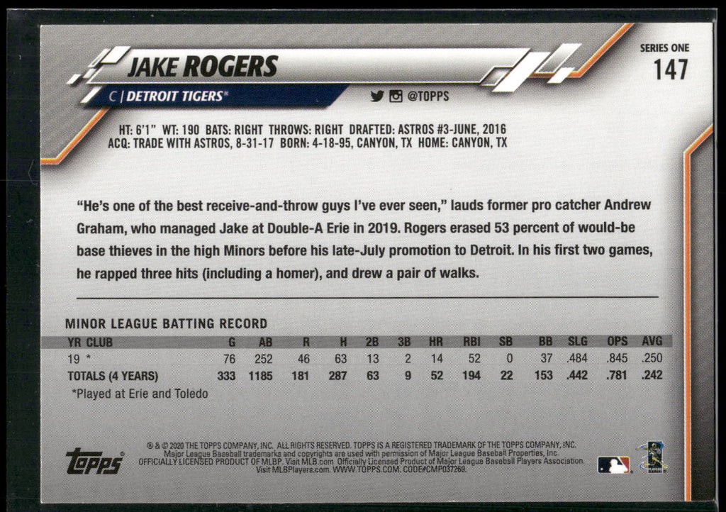 2020 Topps #147 Jake Rogers