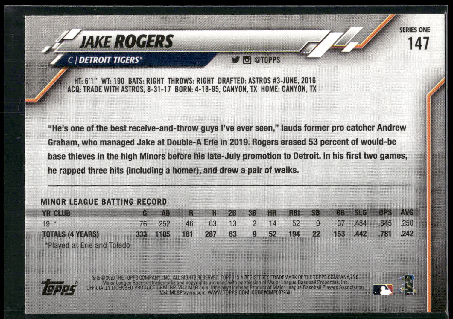 2020 Topps #147 Jake Rogers