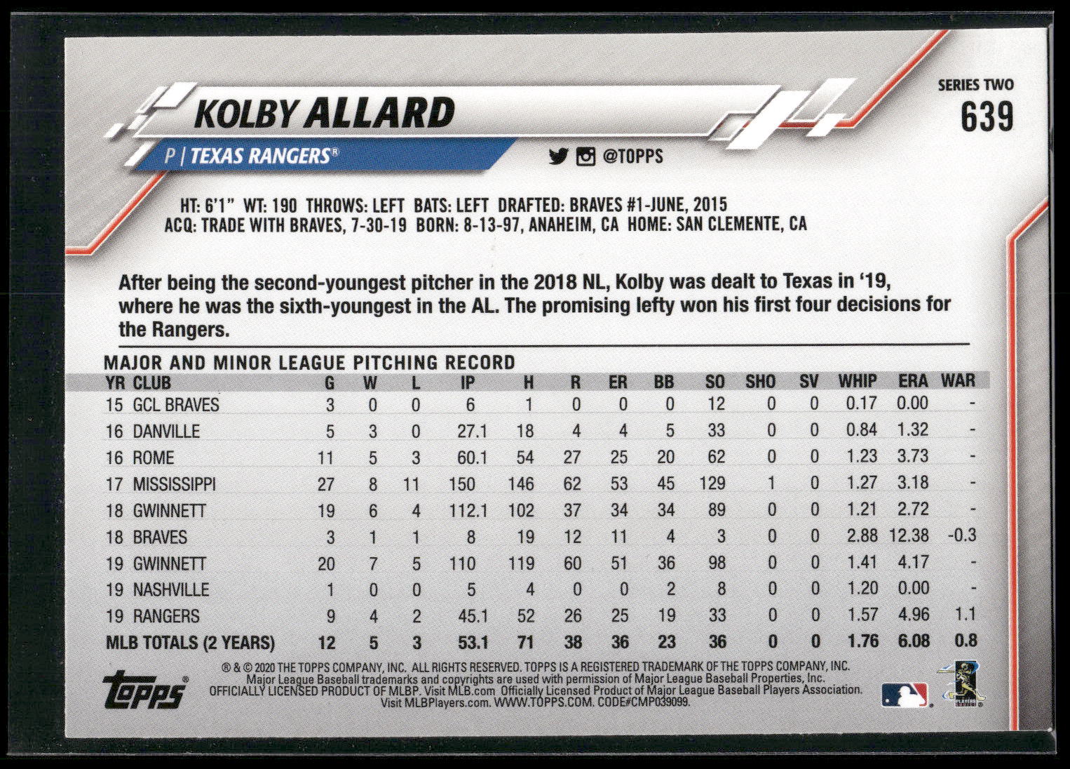 2020 Topps #639 Kolby Allard