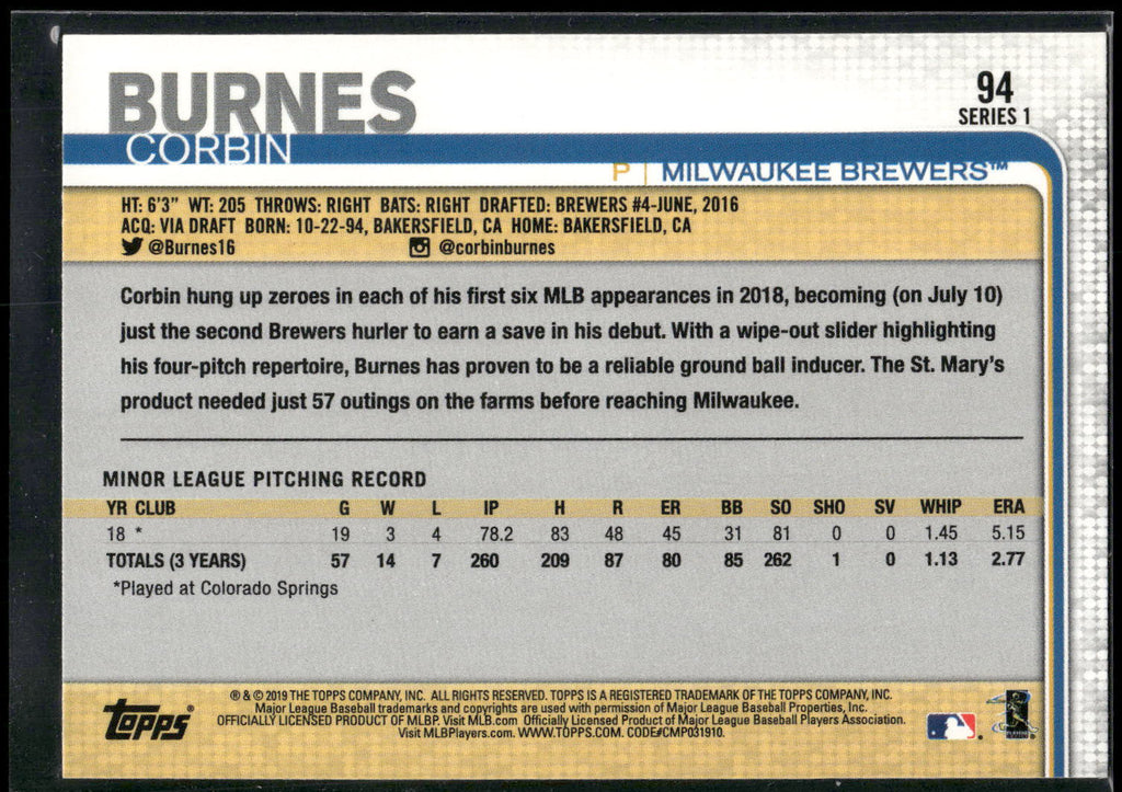 2019 Topps #94 Corbin Burnes