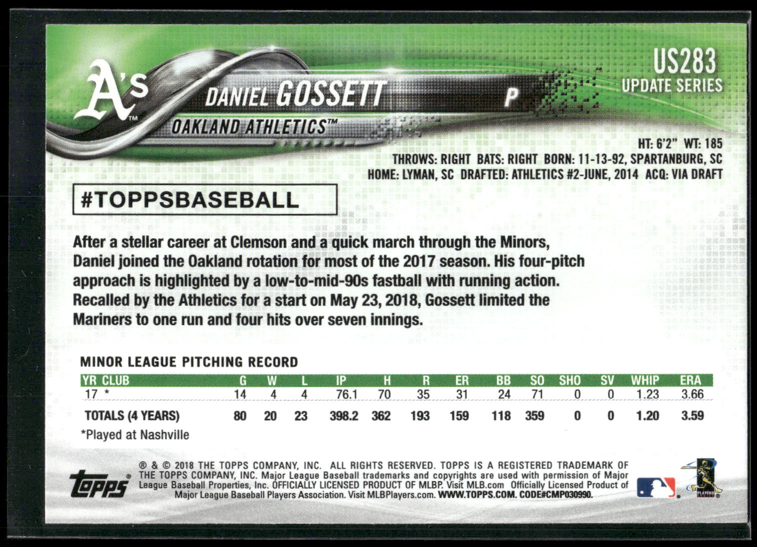 2018 Topps Update #US283 Daniel Gossett