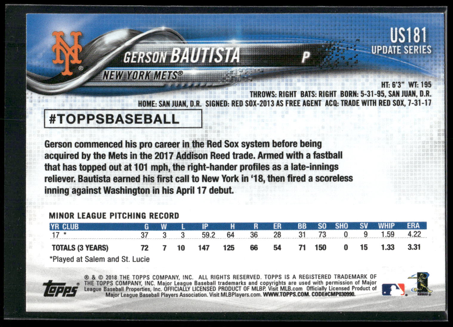2018 Topps Update #US181 Gerson Bautista