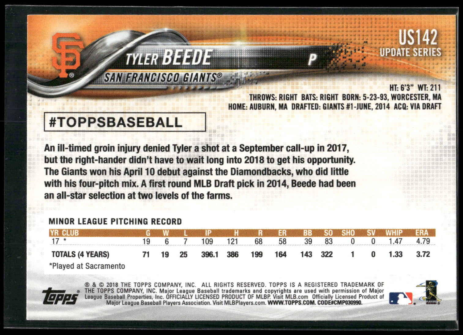 2018 Topps Update #US142 Tyler Beede