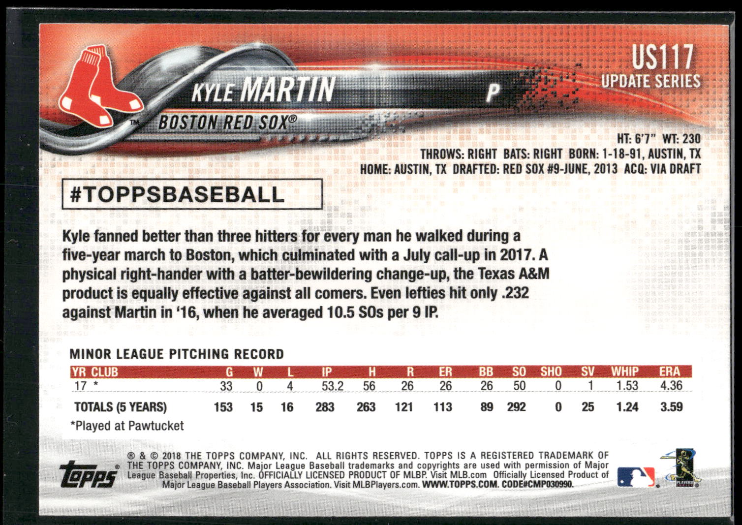 2018 Topps Update #US117 Kyle Martin