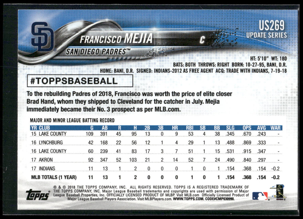 2018 Topps Update #US269 Francisco Mejia
