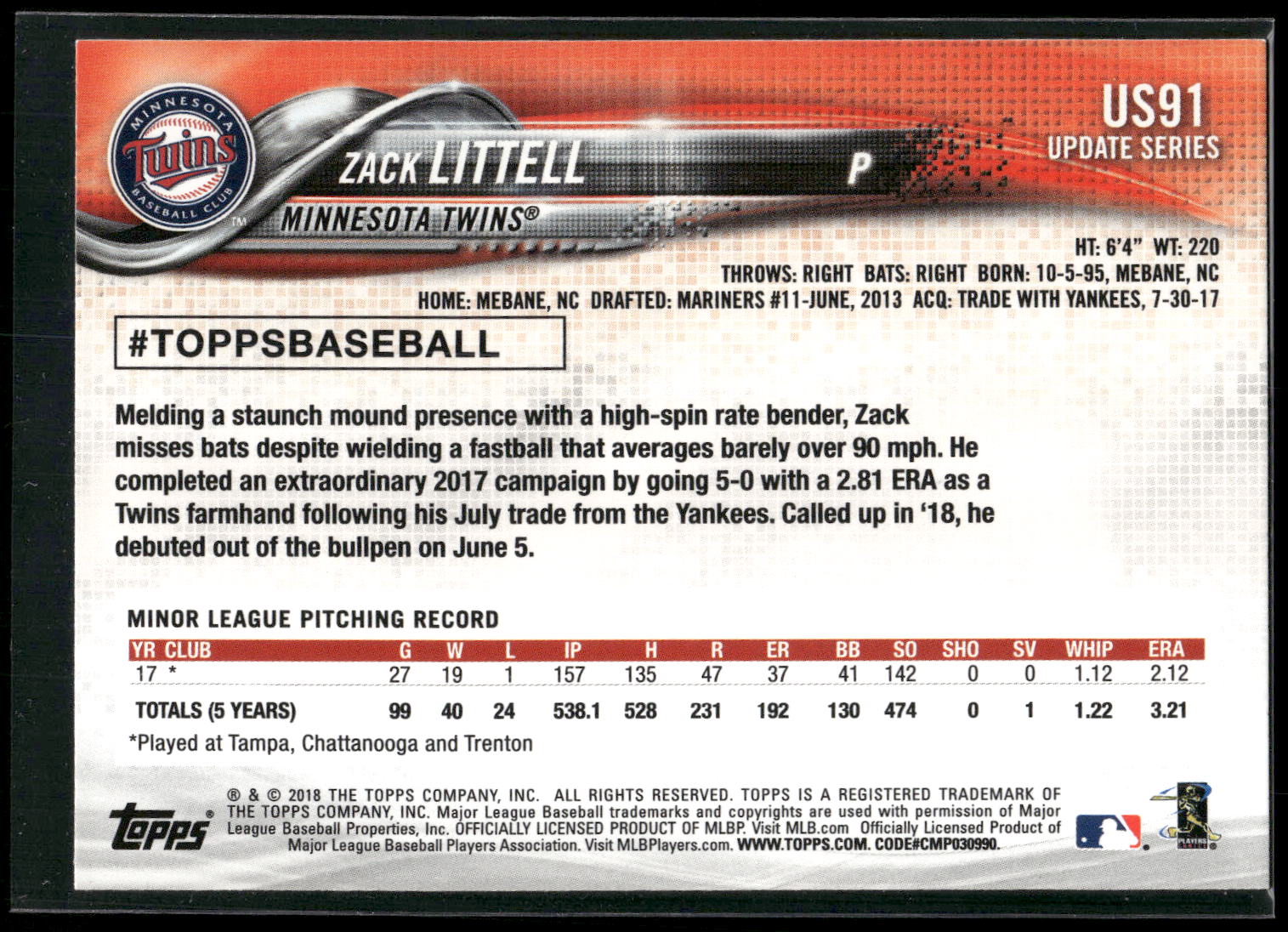 2018 Topps Update #US91 Zack Littell
