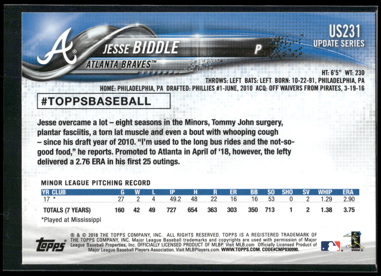 2018 Topps Update #US231 Jesse Biddle